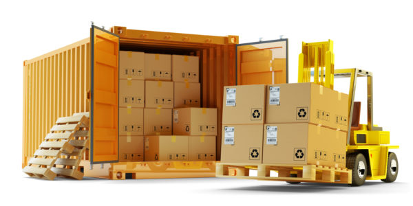 Open container full of cardboard boxes and forklift truck lift up stack of packages on pallet isolated on white background